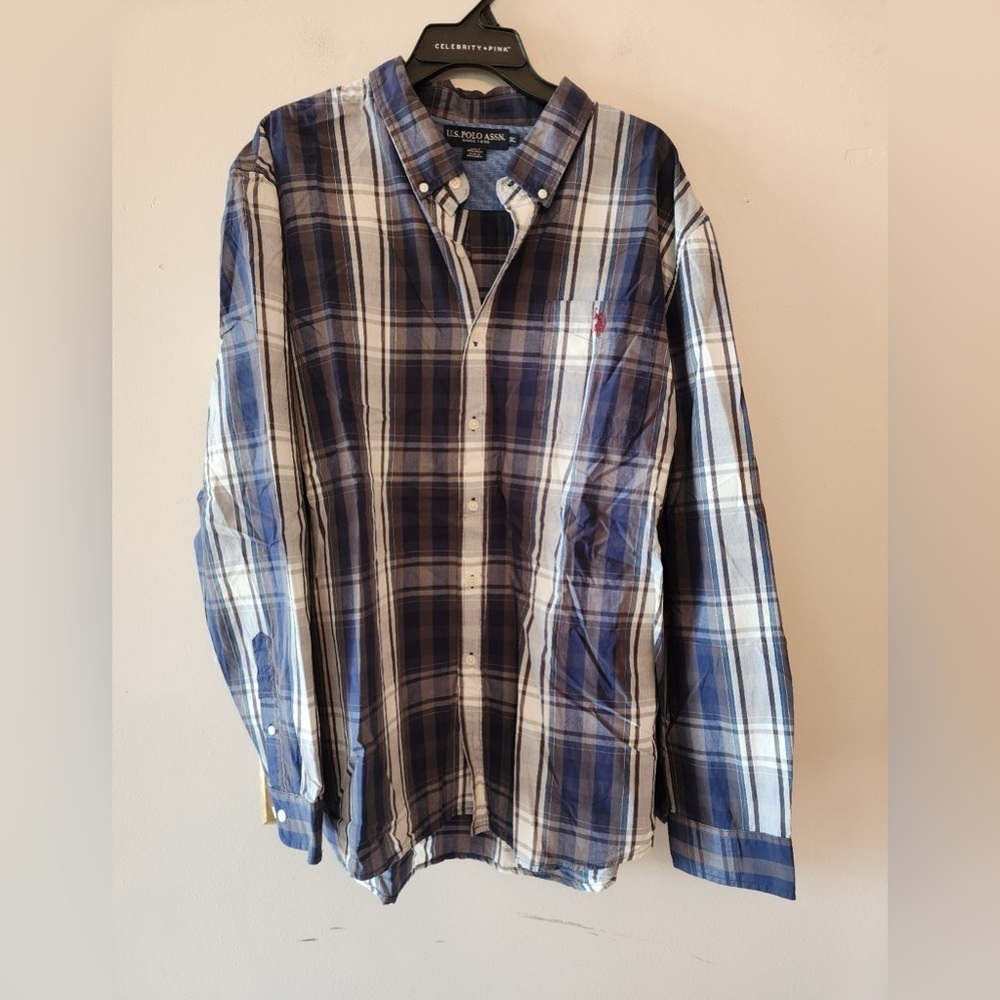 Us polo assn blue plaid long sleeve button down shirt Size mens 3xl